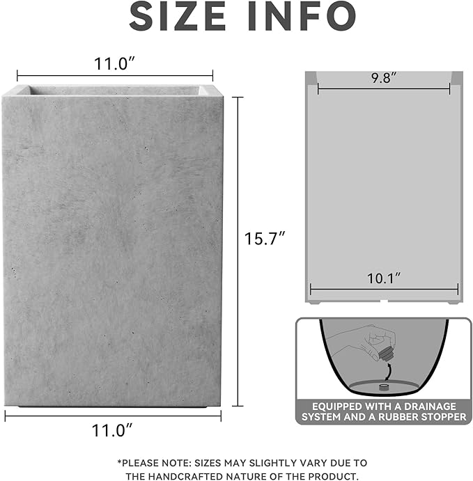 Kante 15.7" H Tall Rectangular Concrete Planters, Outdoor Indoor Lightweight Plant Pots with Drainage Hole and Rubber Plug, Modern Style for Home Garden Patio, Natural Concrete