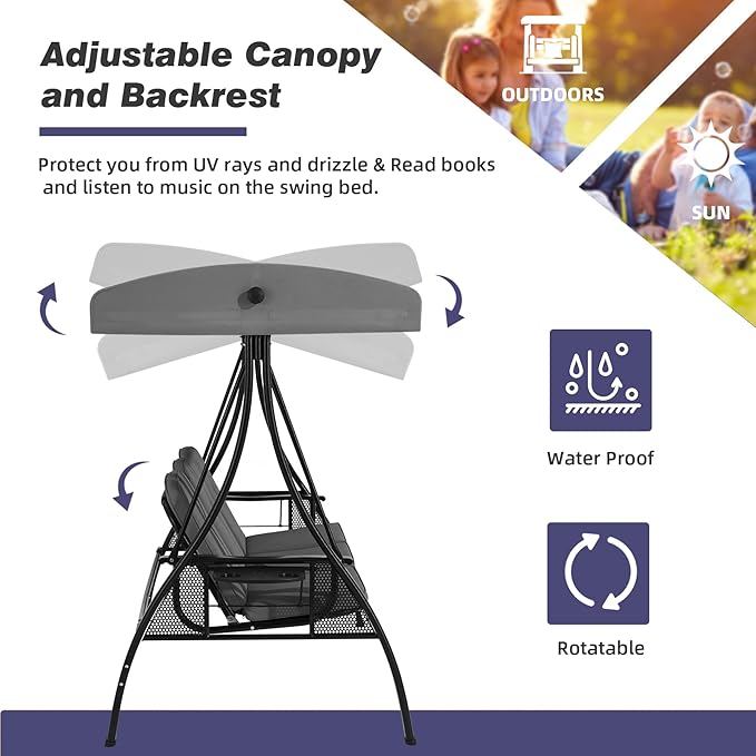 HOMREST 3 Seat Outdoor Porch Swing with 1.5" Deepened Cup Holder, Adjustable Canopy, Patio Swing Bed with Stand, Patio Glider Swing with Thicken Cushions, Pillow for Yard, Garden(Grey)
