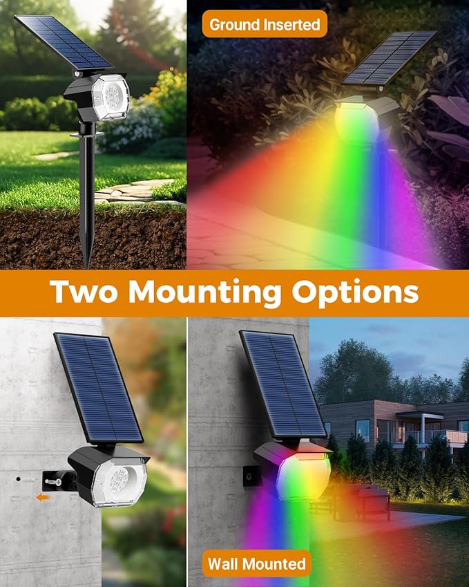 btfarm Solar Lights Outdoor Waterproof IP65-2 Pack LED Color Changing Spot Light 7 Lighting Color RGB Powered Spotlights, Uplight for Yard Tree Landscape Garden Christmas Halloween
