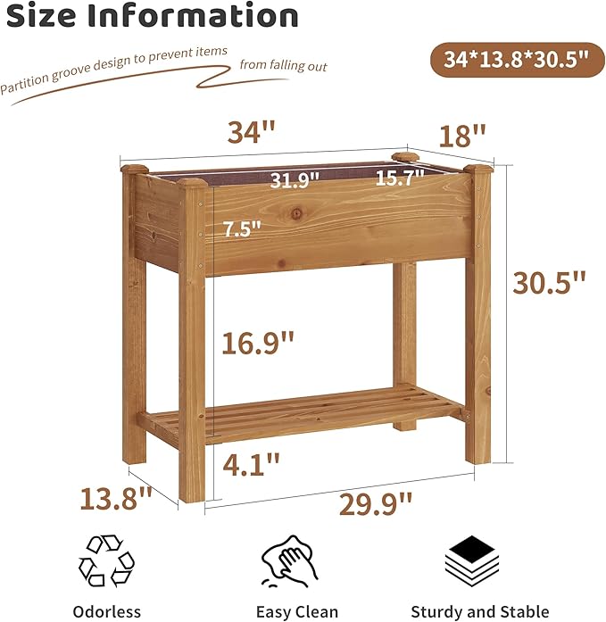 FILWH Raised Garden Bed with Legs Elevated Wooden Planter Box Stand Large Planter Stand Box for Fruits Vegetables Flowers with Divider with Bag - 34x18x30.5IN（Brown）