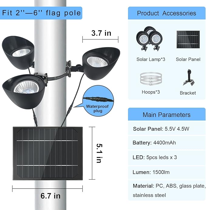 Solar Flag Pole Light 3 Super-Spotlights LEDs, Adjustable Metal Clamps Fits 2-6''Flag Poles, IP65 Waterproof Outdoor Solar Powered Flagpole Lights, 360 Degrees of Flag Illumination Flag Ground House