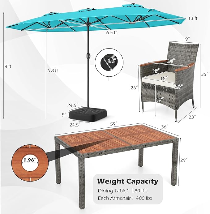 Tangkula 9 Pieces Rattan Outdoor Dining Set with 13Ft Solar Patio Umbrella for 6, Outdoor Wicker Table Set with 8 Cushioned Chairs, Acacia Wood Top, Outdoor Umbrella with Base Included