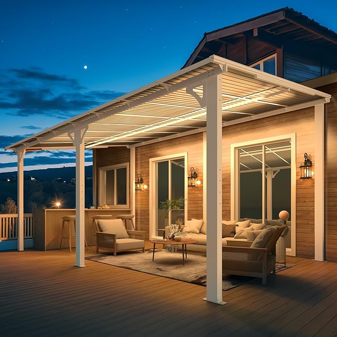 AECOJOY 16' x 10' Gazebo White Outdoor Pergola for Patio, Large Wall-Mounted Hard Top 10x16 Lean to Metal Gazebo Shelter Pergolas and Gazebos Clearance with Patio Roof, Heavy Duty Awnings for Backyard