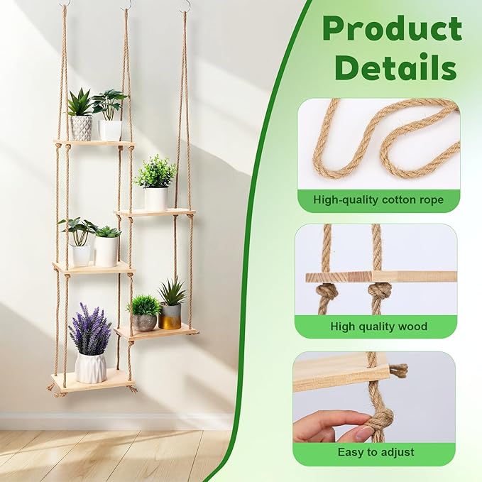 Novabright Window Hanging Plant Shelf with Wooden Shelves Macrame Rope Hanging Plant Stand with 3 S Hooks for Indoor Outdoor Bedroom Window Sill Balcony Boho Decor(Wood Color,2 Pcs)