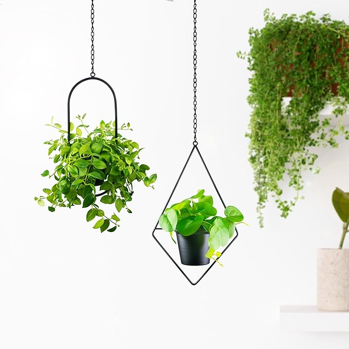 Modern Hanging Planters for Indoor Plants, Metal Plant Hanger with 5 inch Flower Pot, Set of 2 Black Plant Holder in Diamond and Oval Shape, Small Wall and Ceiling Hanging Pot for Outdoor Plants