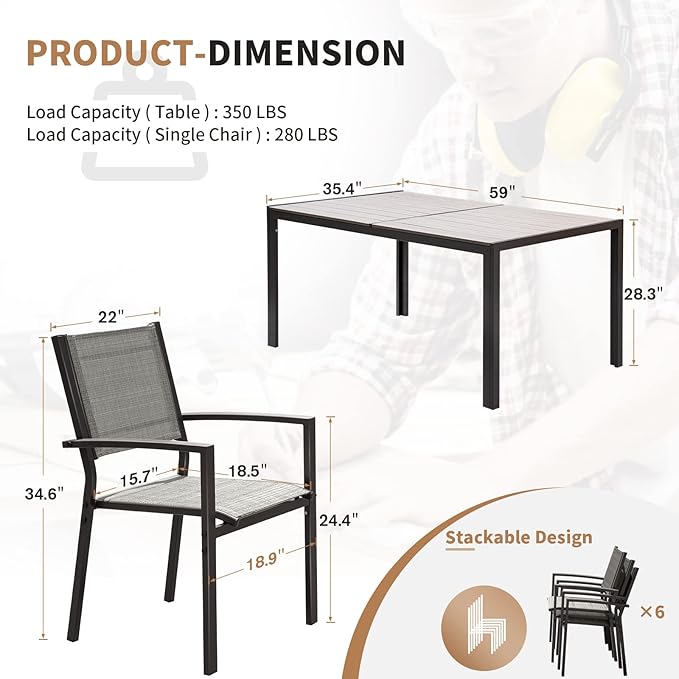 Devoko Patio Dining Set 7 Piece Outdoor Furniture with Rectangular Table and 6 Stackable Chairs Family Conversation Set for Garden Backyard Deck (Grey)