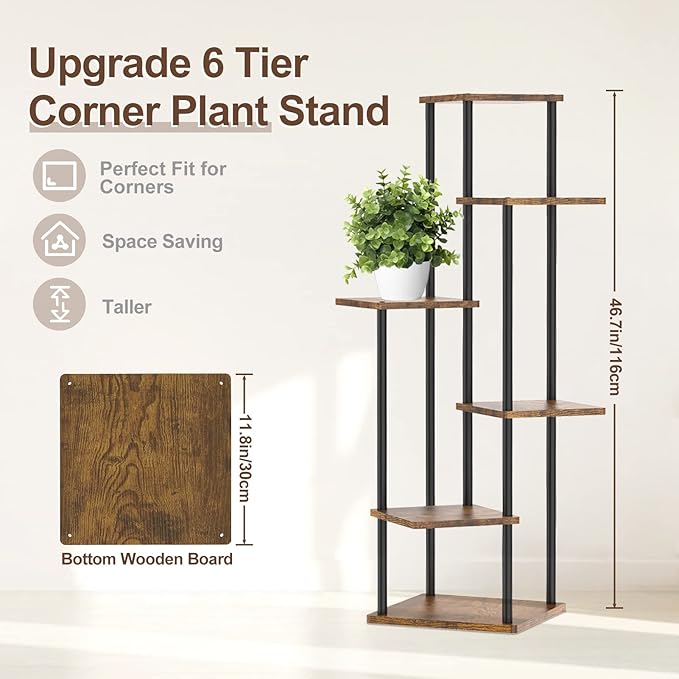 6 Tier Tall Plant Stand Indoor Outdoor, Large Wood Metal Planter Shelf Holder for Narrow Corner, Sturdy Vertical Multiple Flower Orchid Pot Decorative Rack for House Living Room Bedroom Office, Rustic Black