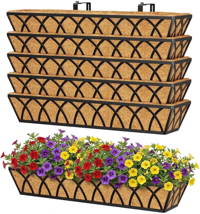 Y&M 30 Inch Fence Metal Hanging Flower Planter Window Basket Deck Railing Planter Boxes for Outdoor Garden Lawn, Window Deck with Coco Liner,6pcs