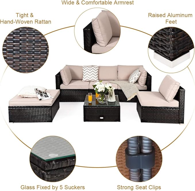 Tangkula 6 Piece Patio Furniture Set, Outdoor Deck Lawn Backyard Durable Steel Frame PE Rattan Wicker Sectional Sofa Set, Conversation Set with Coffee Table (Beige)