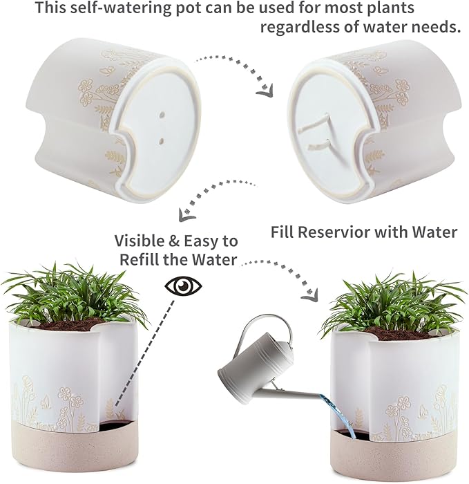 Nihow Self Watering Plant Pot: 8 Inch Ceramic Planter with Drainage Hole & Water Storage Plus for Indoor & Outdoor Plants - Cylinder Round Flower Pot for Succulent/Herbs/Violets - Nature & White