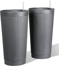 24" Large Planter Set of 2, Self Watering Tall Plastic Planters for Outdoor Plants, Modern Flower Pots Planter Outdoor for Patio, Front Door Decor, with Drainage (Gray Ribbed)