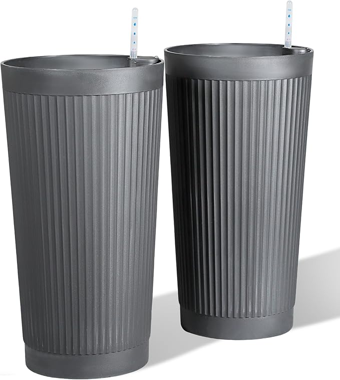 24" Large Planter Set of 2, Self Watering Tall Plastic Planters for Outdoor Plants, Modern Flower Pots Planter Outdoor for Patio, Front Door Decor, with Drainage (Gray Ribbed)