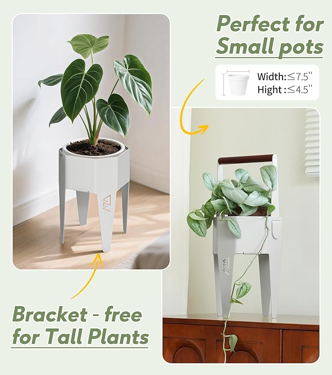 Planter with Stand, Metal 2 in 1 Portable Planter with Grow Bags & Handle, Stable Stylish Indoor Plant Pots with Stand, Modern Flower Pots Outdoor, 7.5'' x 17.3'', White, Plant Not Included