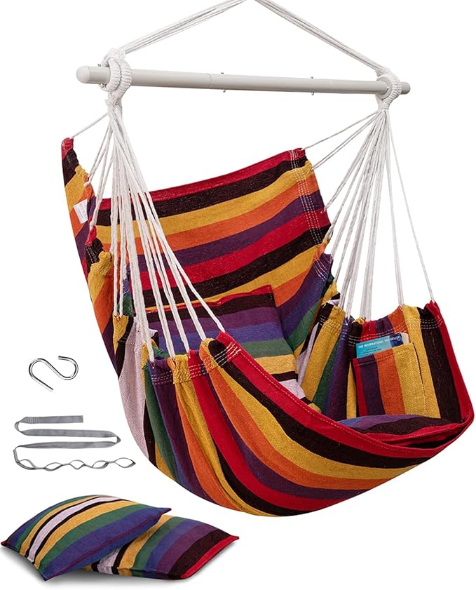 MIZTLI Hammock Chair Hanging Chair Swing Chair Hanging Chair for Bedroom Indoor Outdoor- Max 500 Lbs－Steel Spreader Bar with Anti-Slip Rings, 2 Cushions