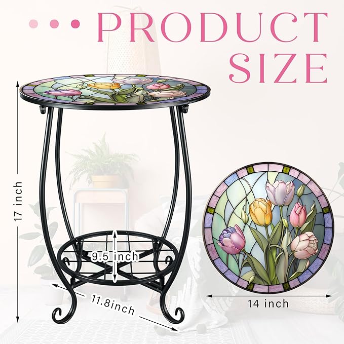 Outdoor Side Table Round Small Mosaic Patio Accent Indoor End Plant Coffee Tea Table for Yard Patio Porch Garden Living Room, Bedroom(Tulip Style,14 Inch)