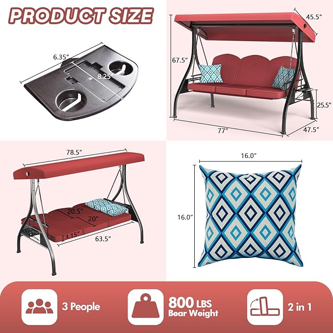 3 Seat Outdoor Porch Patio Swing with Stand 800lbs 2-in-1 Convertible Swing Bed with Adjustable Canopy & Removable Cushion for Yard Garden Deck (Wine Red, Square Tube)
