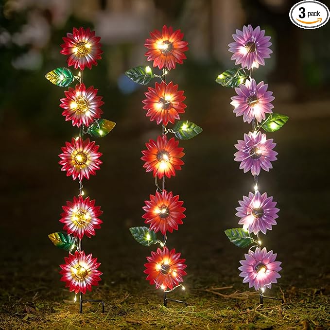 Set of 3 Solar Garden Lights,22.6'' H Flowers Decorative Garden Stakes,Waterproof Metal Spring Yard Art Decor,Solar Stake Lights for Outside,Lawn,Yard,Patio