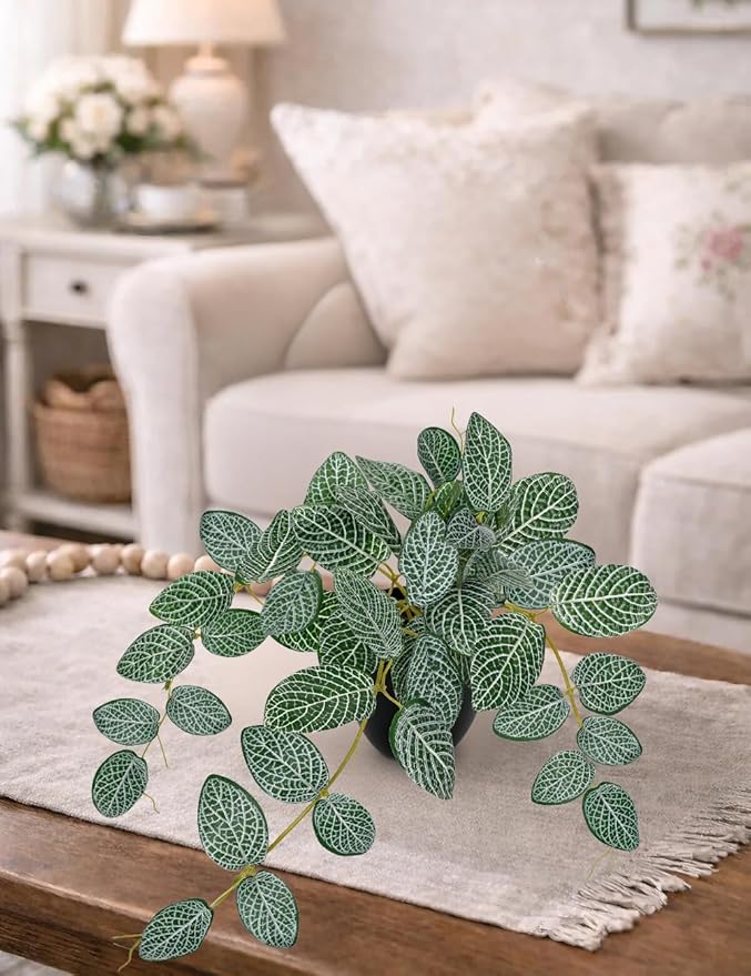 17.7" Artificial Plants Indoor Home Decor, Fake Potted Silk Plants for Shelves, Desks, Living Room, Home & Office Decor, Small Artificial Ivy Vine Nerve Plant in Pot, Faux Greenery Tropical Plant