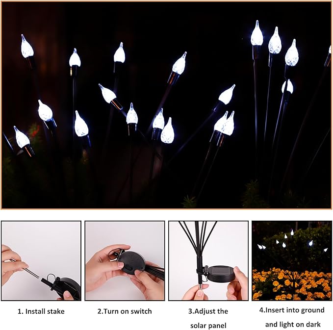 2 Pack Each 8 LEDs Solar Garden Lights Waterproof Outdoor Landscape Path Firefly Lights Single Spike Bulb Swaying Light Cold White