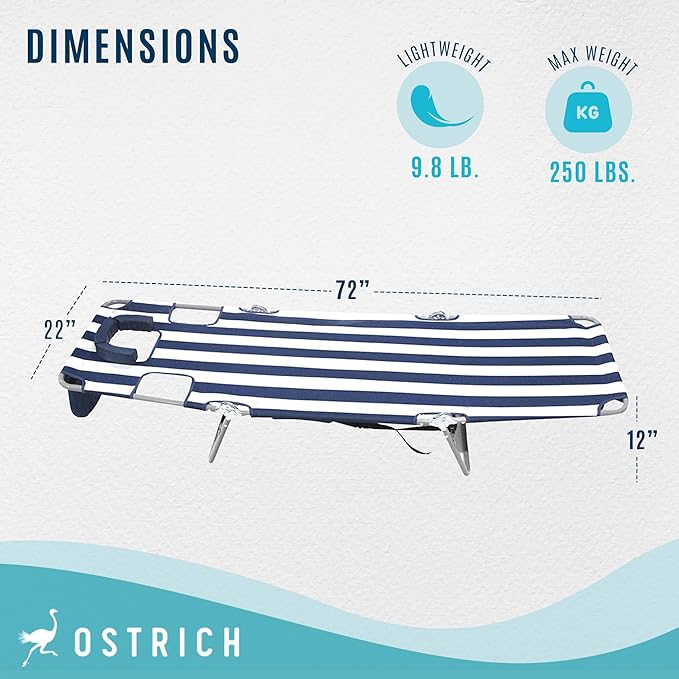 Ostrich the Backpack Chaise Lounge, Folding & Reclining Outdoor Beach Chaise Lounger Chair for Lawn, Pool, Patio, Garden, and Yard, Blue Stripe