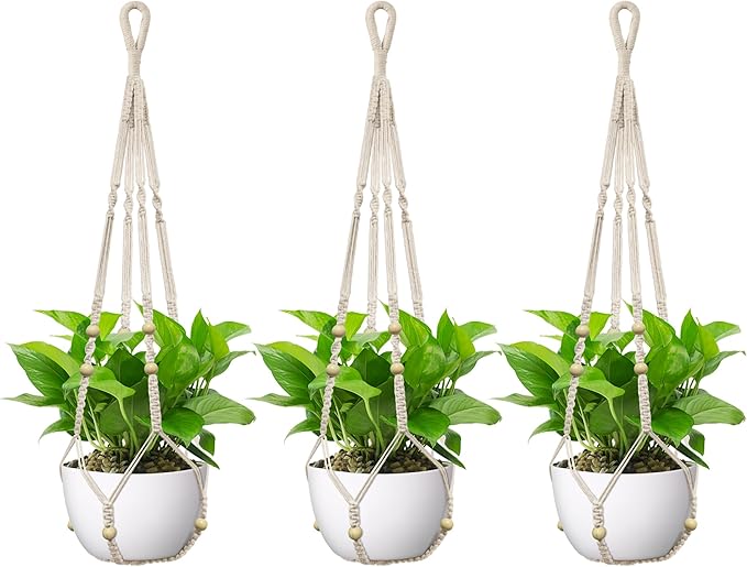 USLAI Macrame Plant Hanger Indoor Outdoor, Fits 4 to 15 Inch Pots, Strong Hanging Planter Holder, Boho Home Decor, 35 Inch, Ivory, Set of 3 (POTS NOT Included)