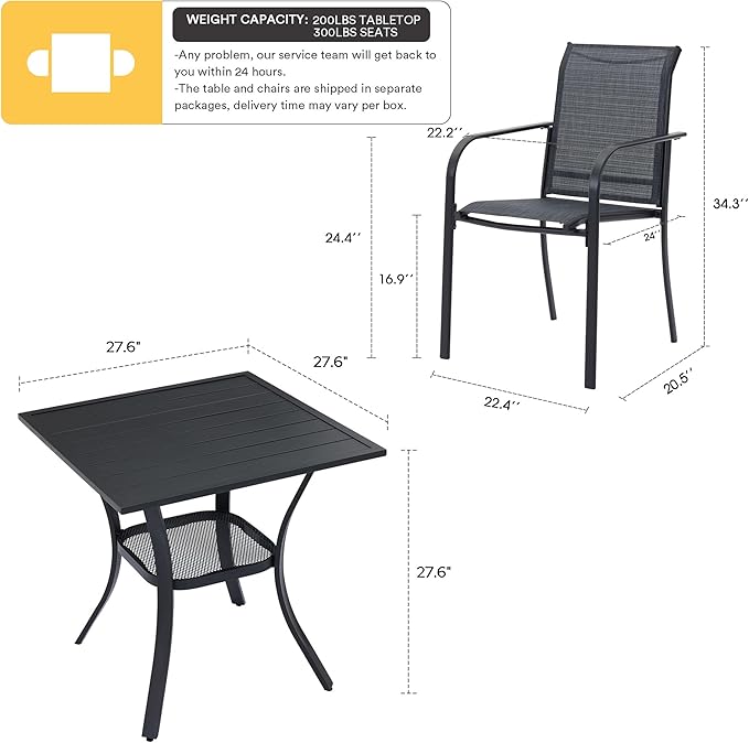 VICLLAX Patio Set for 2, Outdoor Dining Set Includes 28" Small Outdoor Table and 2 Stackable Sling Chairs, Black Tabletop and Grey Fabric