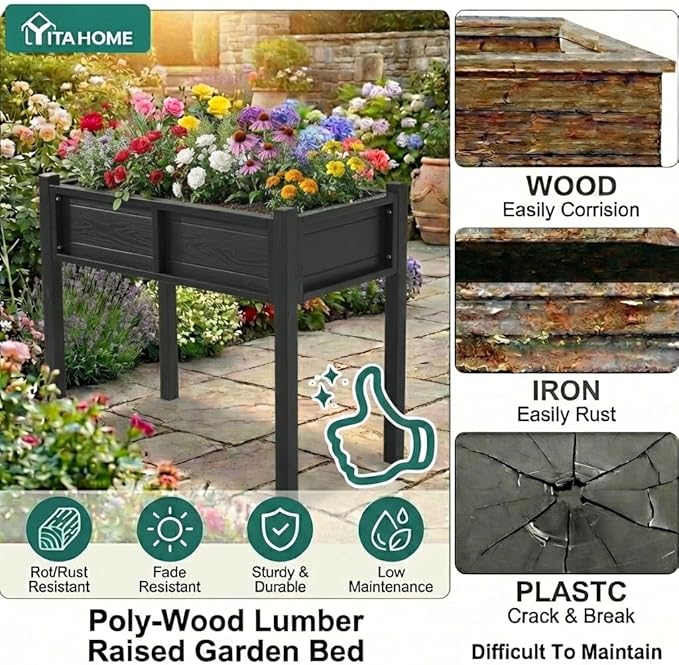 YITAHOME Elevated Garden Bed Poly-Wood All-Weather Raised Garden Bed with Legs & Drainage Hole HDPE Elevated Planter Box for Herbs Vegetables Flowers Plant Bed for Garden Balcony Backyard, Black