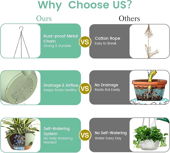 4 Pack 8 Inch Self Watering Hanging Planters for Indoor Outdoor Plants，Hanging Pots for Plants with Drainage Removable Tray, Hanging Baskets Flower Pots for Pothos Spider Garden Green with Brown