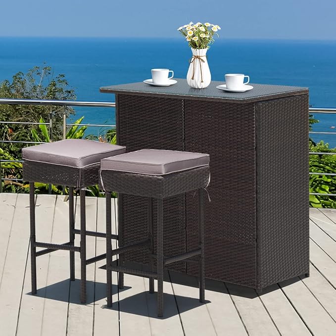Tangkula Patio Bar Set, 3 Piece Outdoor Rattan Wicker Bar Set with 2 Cushions Stools & Glass Top Table, Gray & Off White Cover, Outdoor Furniture Set for Patio Backyard Porch Garden Poolside