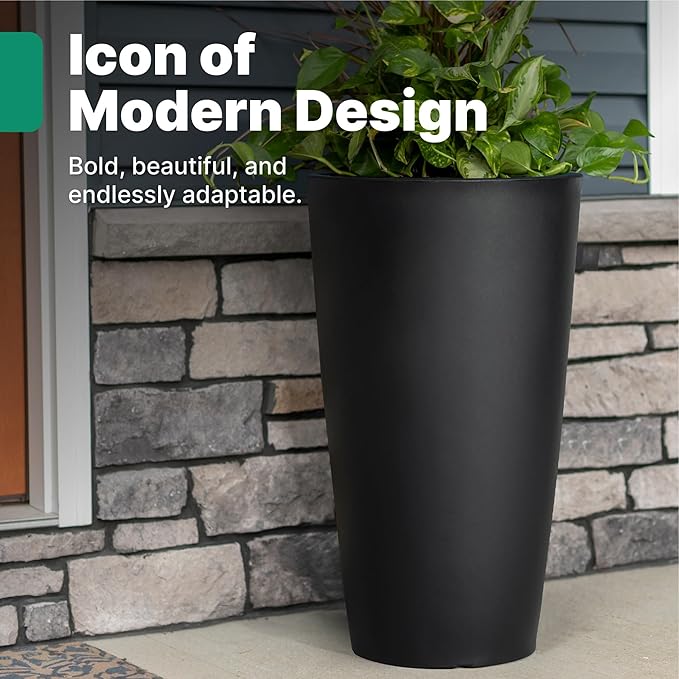 Step2 Tremont Tall Round Tapered Planter, 28" Tall 2-Pack, Indoor/Outdoor Plants, Efficient Drainage, Durable Resin, Onyx Black