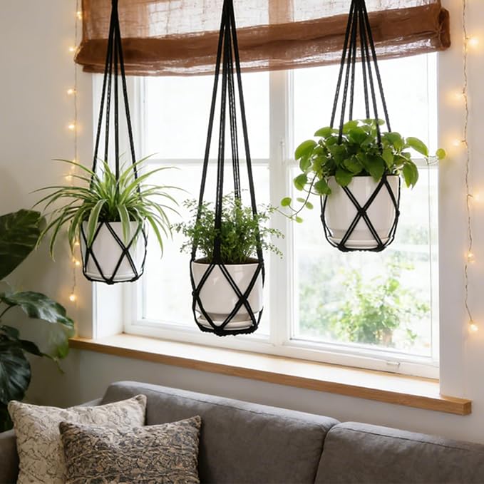 YIBOT 3 Pack Black Macrame Plant Hanger Indoor Hanging Planter Basket with 3 Hooks, 35"/29"/23" Crochet Plant Holder Stand No Tassels for Indoor Outdoor Boho Home Decor (POTS NOT Included)