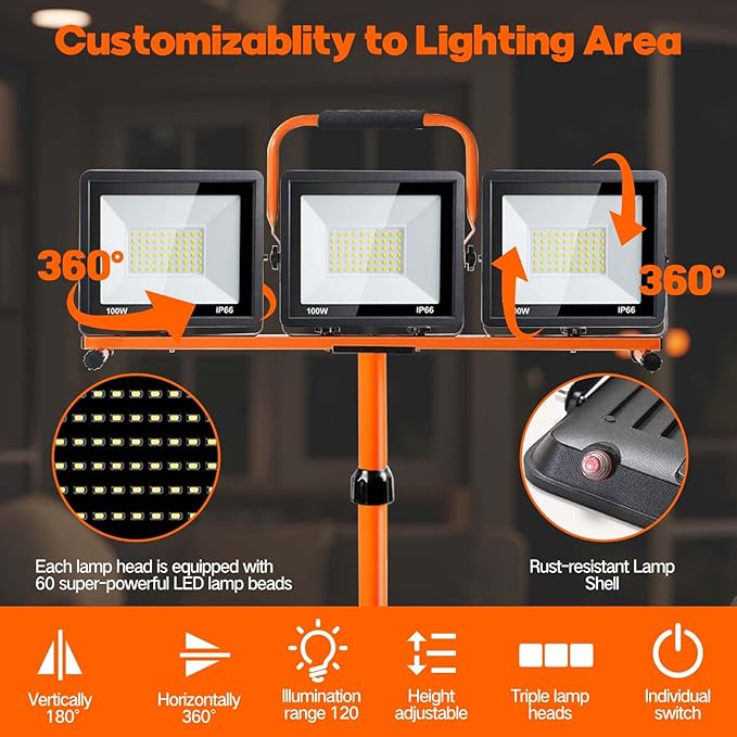 22000 Lumen Work Lights with Stand, 3 Head Portable LED Work Light, with Adjustable&Foldable Tripod Stand, IP66 Waterproof Lamp for Outdoor Indoor Job Site Workshop Garage Construction Site Lighting