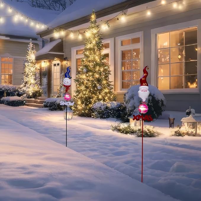 Christmas Solar Garden Stake Lights,2 Pack Snowman＆Santa Claus Xmas Pathways Lights,Solar Christmas Decorations for Outside Lawn Patio Landscape