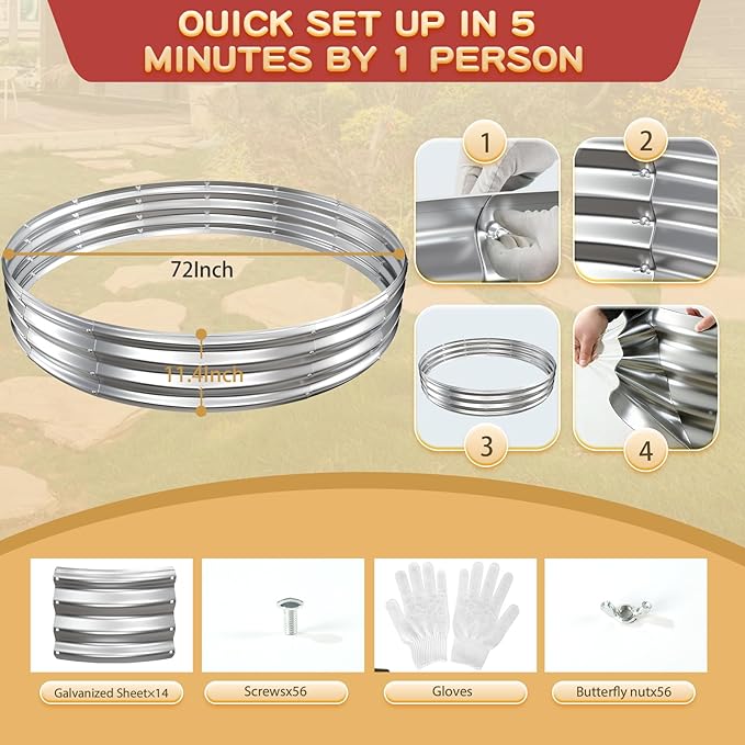 Durable Round Galvanized Steel Raised Garden Bed for Planting,Round Galvanized Steel Fire Ring/Fir Pit for Outdoor- 6×6×1FT,0.8MM Thick (Silver, 72 ins Diameter x 12 ins high)
