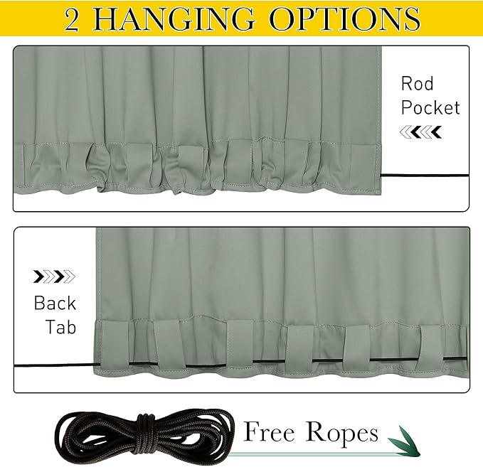 NICETOWN 2 Panels Outdoor Curtains for Patio Extra Wide 84", Waterproof & Windproof Grommet & Back Tab Fixed Top and Bottom Thermal Insulated Privacy Drapes with Rope for Deck, Sage Green, W84 x L108