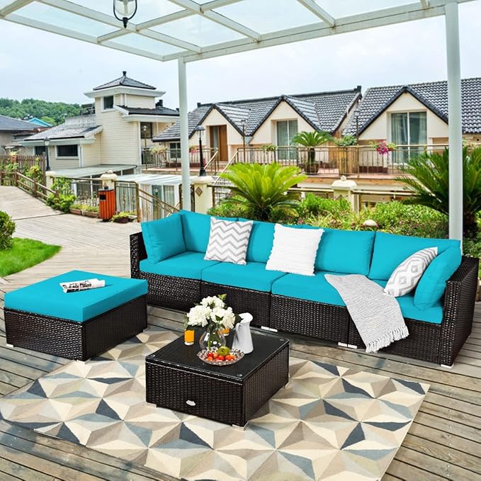 Tangkula 6 Piece Patio Furniture Set, Outdoor Deck Lawn Backyard Durable Steel Frame PE Rattan Wicker Sectional Sofa Set, Conversation Set with Coffee Table (Turquoise)