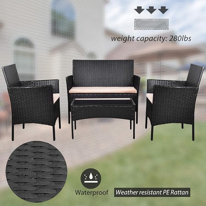 Homall 4 Pieces Outdoor Patio Furniture Sets Rattan Chair Wicker Set,Outdoor Indoor Use Backyard Porch Garden Poolside Balcony Furniture (Black and Beige)
