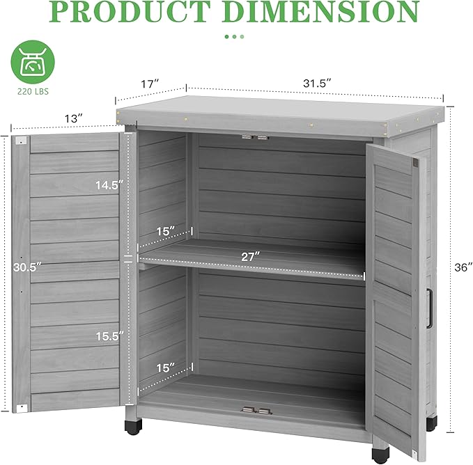 Outdoor Potting Bench with Storage Cabinet and Metal Top, Wood Workstation for Outdoor Patio, Garden (Classic Grey, 31x17x36‘’)