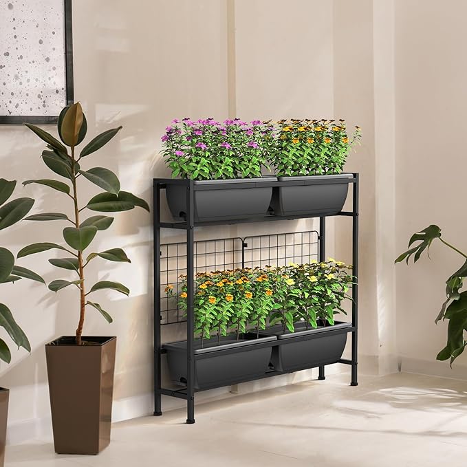 CADUKE Raised Planter Box, Plastic Raised Garden Bed with Legs, Standing Planter Box with Drainage Holes & Trellis, 32" Elevated Flower Beds Outdoor & Indoor for Vegetables, Balcony, Patio, Grey