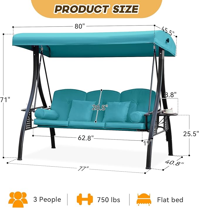3 in 1 Outdoor Porch Swing with Adjustable Canopy, 3 Seat Outdoor Swing for Adults, Patio Swing Chair with Thickened Cushions,Pillows & Cup Holders for Backyard, Porch, Garden (Lake Blue)