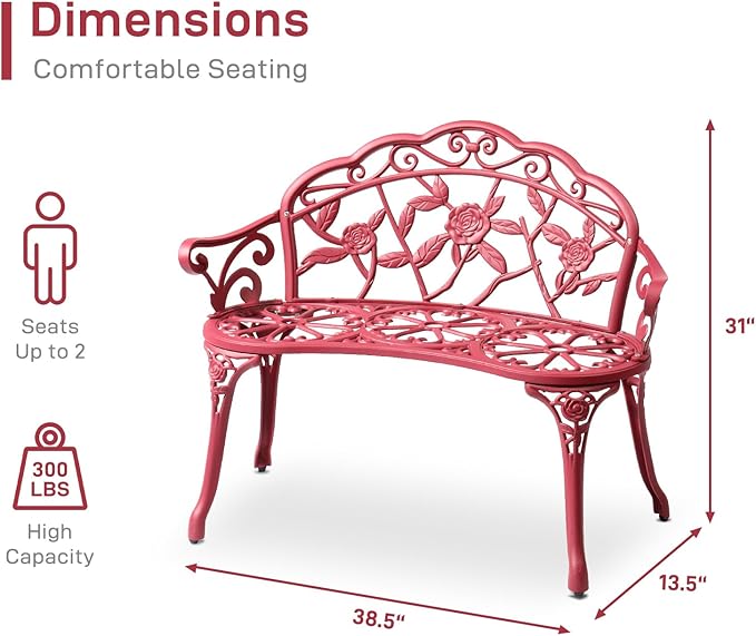 VINGLI 38.5" Patio Park Garden Outdoor Metal Rose Bench, 2-Person Cast Iron Cast Aluminium Frame Antique Finish Chair,Accented Lawn Front Porch Path Yard Decor Deck Furniture (Red, Rose)