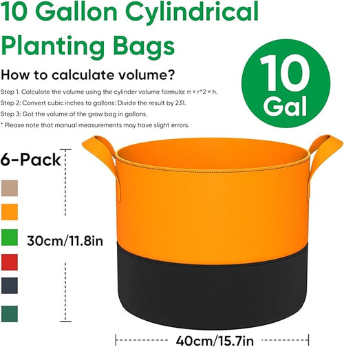 10 Gallon Grow Bags: 6 Pack 350G Heavy Duty Thickened Colorful Potato Grow Bags with Handles - Felt Nonwoven Garden Fabric Bags Gardening Pots for Vegetable Fruit Flowers Herbs Tomato Growing