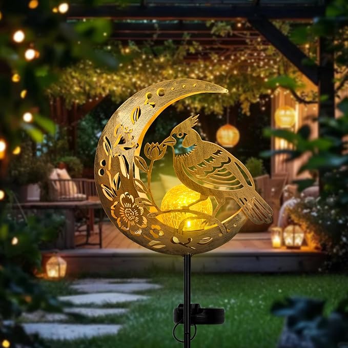 JOBOSI Solar Moon Cardinals Garden Light, Moving Moon & Cardinals Stake Decor for Yard, Lawn, Gifts for Women Mom Grandma, Christmas, New Year Decor Gift