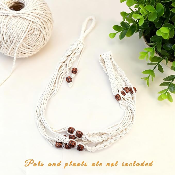 35 Inch Macrame Plant Hanger, Large for up to 15 Inch Pot Extra Long Hanging Planter Holder Basket with Wood Beads for Indoor Outdoor Home Decor (Ivory, 1-Pack)