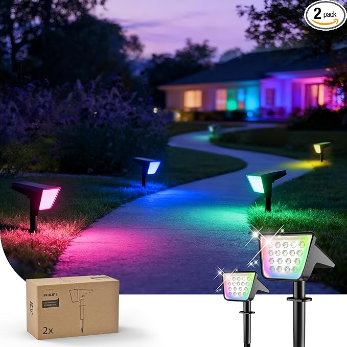 Philips 2 Packs Solar RGBW Spot Lights Outdoor, 18 LED Solar Powered Landscape Lights, 9 Lighting Modes Color-Changing Dusk to Dawn Waterproof Pathway Spotlights for Garden Trees Halloween Christmas