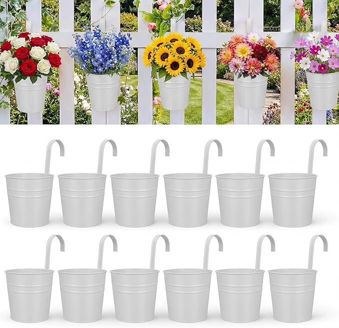 HowRU Hanging Flower Pots, Railing Planter Box for Outdoor Plants 12 Pack 5 Inch Metal Hanging Planters with Detachable Hooks Balcony Window Fence Garden Decoration Flower Boxes, White