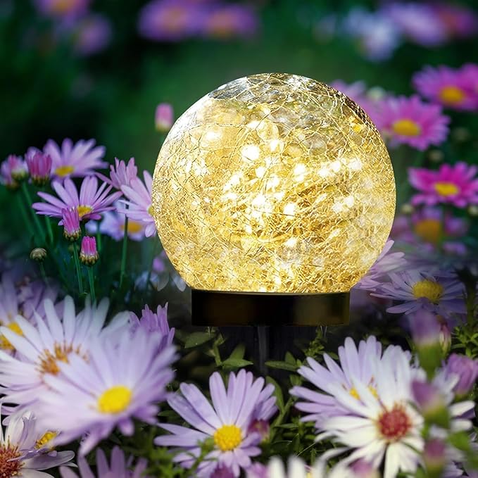 Solar Garden Lights Outdoor Waterproof, 4 Pack 30 LEDs Cracked Glass Ball Light, Ground Landscape Garden Decor, Solar Globe Decorative for Pathway/Patio/Lawn/Yard (Warm White, 3.9")