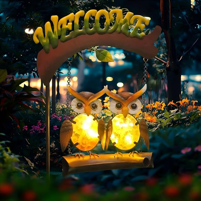 HONGLAND Solar Lights Outdoor Decor, Owl Swing Garden Decor, Owl Gifts for Women Mom, Whimsical Garden Lights Outdoor Decorations with Welcome Sign for Outside Patio Yard Lawn Decor-48inch