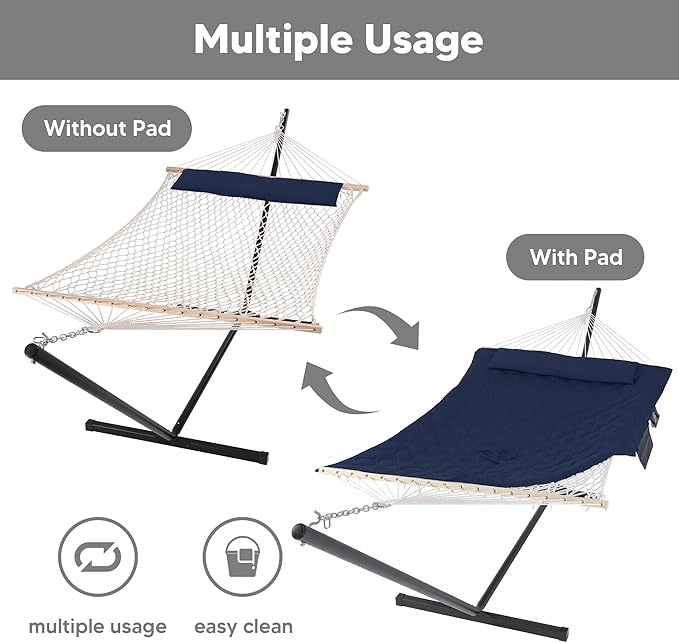 SUNCREAT Two Person Hammock with Stand, Heavy Duty Backyard Hammock and Stand, Navy Drops