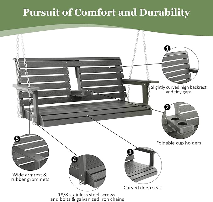 Poly Lumber 2-Seat Porch Swing, HIPS 4.5-Feet Bench Swing with Foldable Cup Holders,18/8 Stainless Steel Hardware, High Backrest and Deep Contoured Seat (Deep Gray, 4.5-feet)
